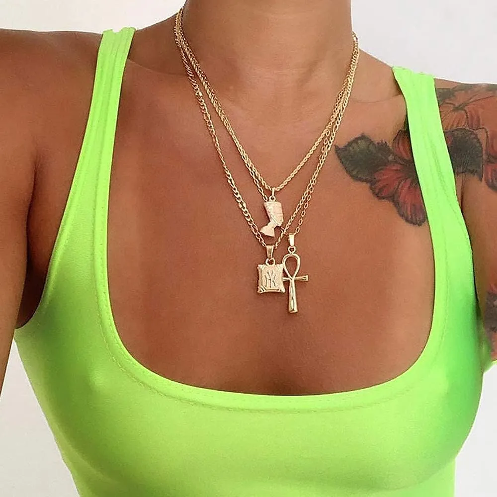 HUJUON 3-Layer Nefertiti Pharaoh Necklace. Punk Gold Egyptian Queen Cross Pendant Necklace,Hip Hop African Women Men Jewelry