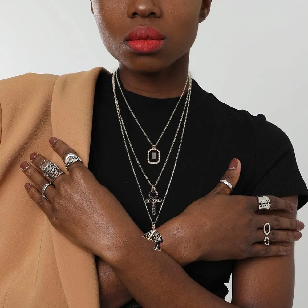 HUJUON 3-Layer Nefertiti Pharaoh Necklace. Punk Gold Egyptian Queen Cross Pendant Necklace,Hip Hop African Women Men Jewelry