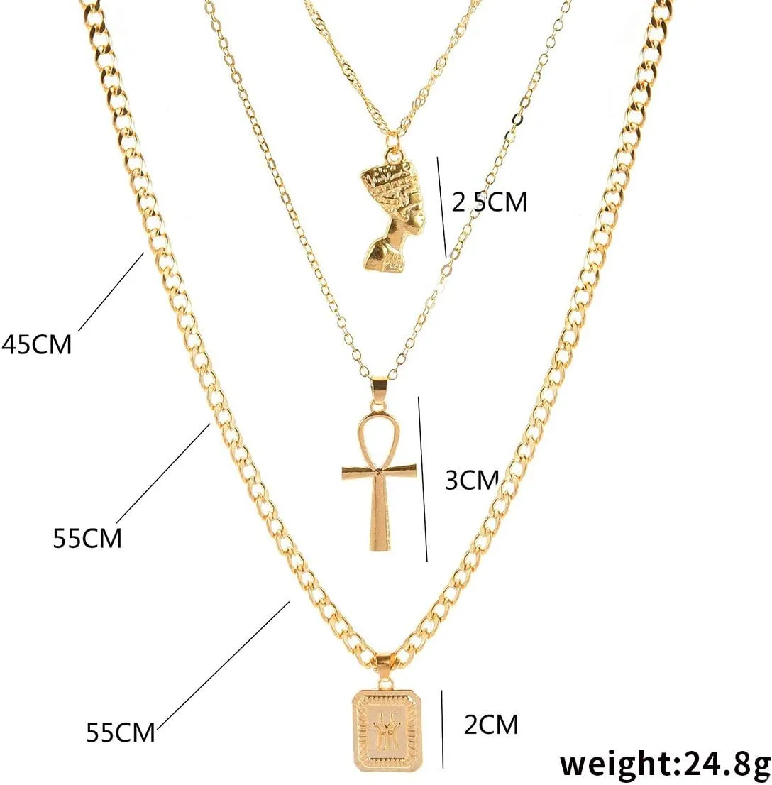HUJUON 3-Layer Nefertiti Pharaoh Necklace. Punk Gold Egyptian Queen Cross Pendant Necklace,Hip Hop African Women Men Jewelry