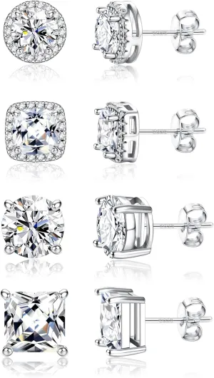 Hypoallergenic Stud Earrings for Women Men - 925 Sterling Silver Earrings for Sensitive Ears - 6/8/10mm Cubic Zirconia Earrings Studs-18K Gold Plated Simulated Diamond CZ Halo Earrings 2/4Pairs