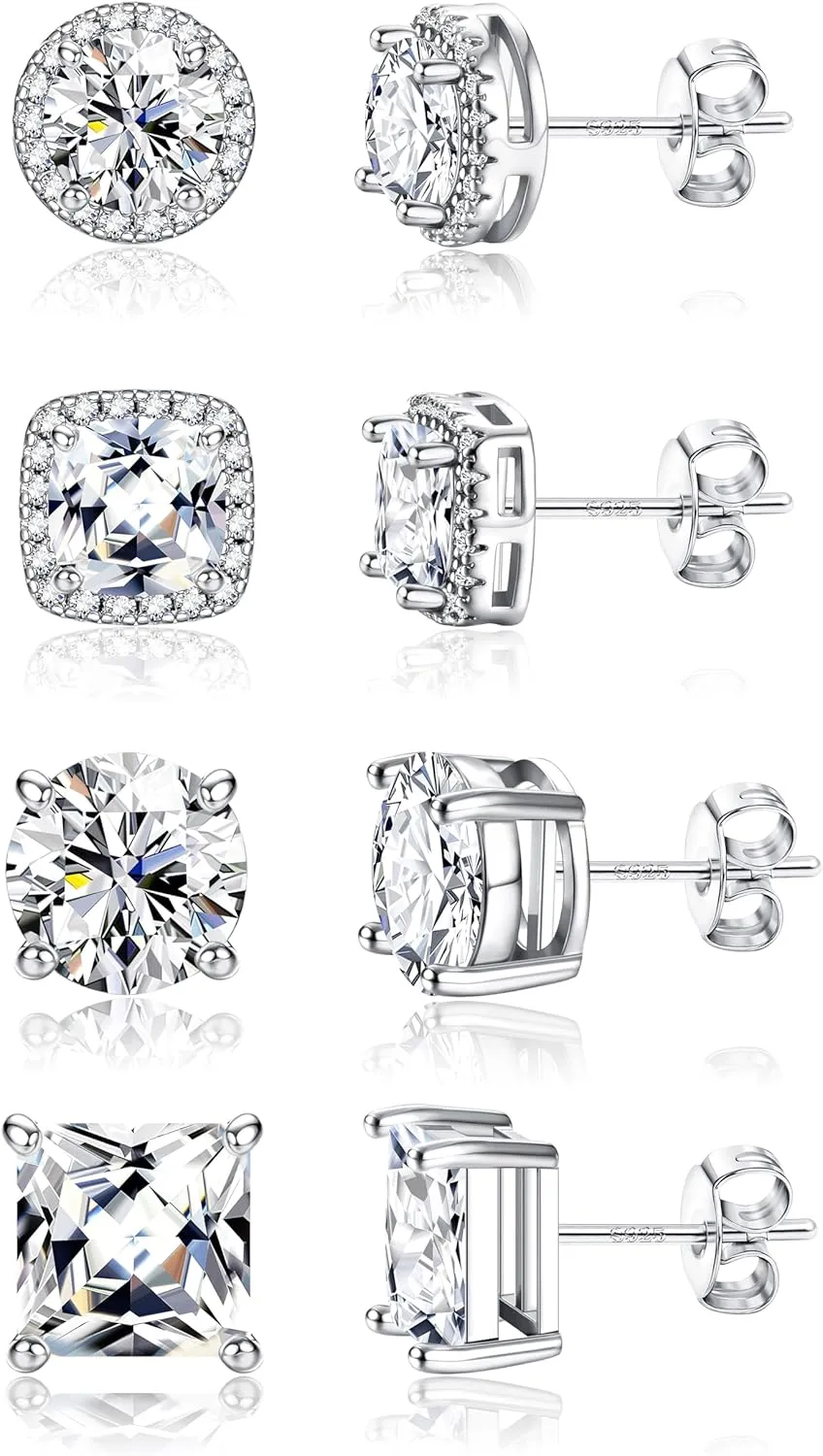 Hypoallergenic Stud Earrings for Women Men - 925 Sterling Silver Earrings for Sensitive Ears - 6/8/10mm Cubic Zirconia Earrings Studs-18K Gold Plated Simulated Diamond CZ Halo Earrings 2/4Pairs