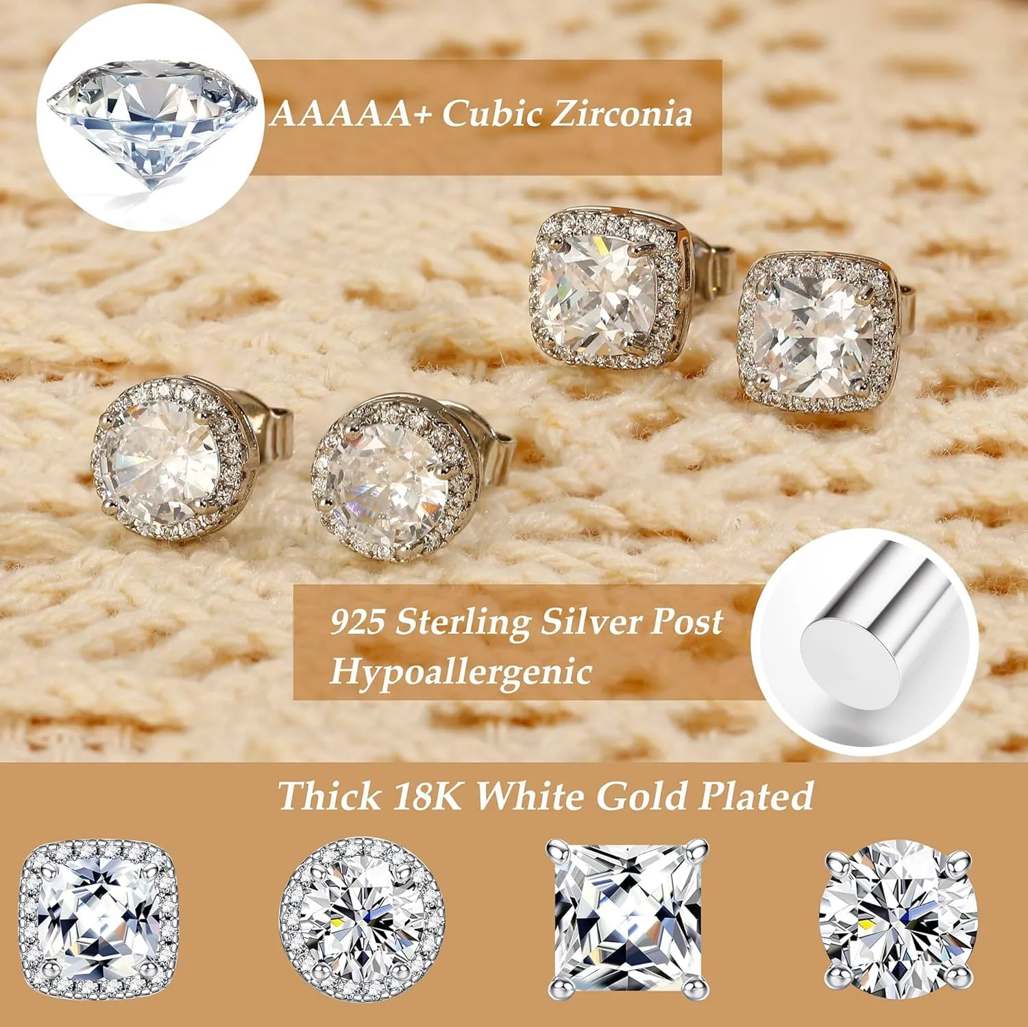 Hypoallergenic Stud Earrings for Women Men - 925 Sterling Silver Earrings for Sensitive Ears - 6/8/10mm Cubic Zirconia Earrings Studs-18K Gold Plated Simulated Diamond CZ Halo Earrings 2/4Pairs