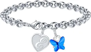 IEFWELL Initial Charm Bracelets for Girls - Crystal Butterfly Bracelets for Teen Girls Gifts Trendy Stuff Dainty Heart Initial Charm Bracelets for Girls Women Butterfly Gifts for Girls Jewelry