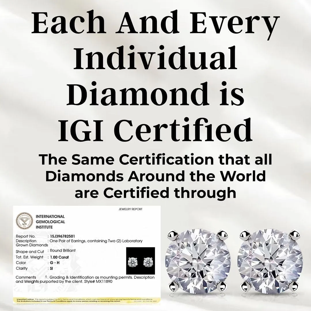 IGI Certified 0.5 to 1 Carat Lab Grown Diamond Stud Earrings for Women And Men In Platinum Or Gold G-H SI Jewelry Gifts Anniversary Birthday Gifts for Her
