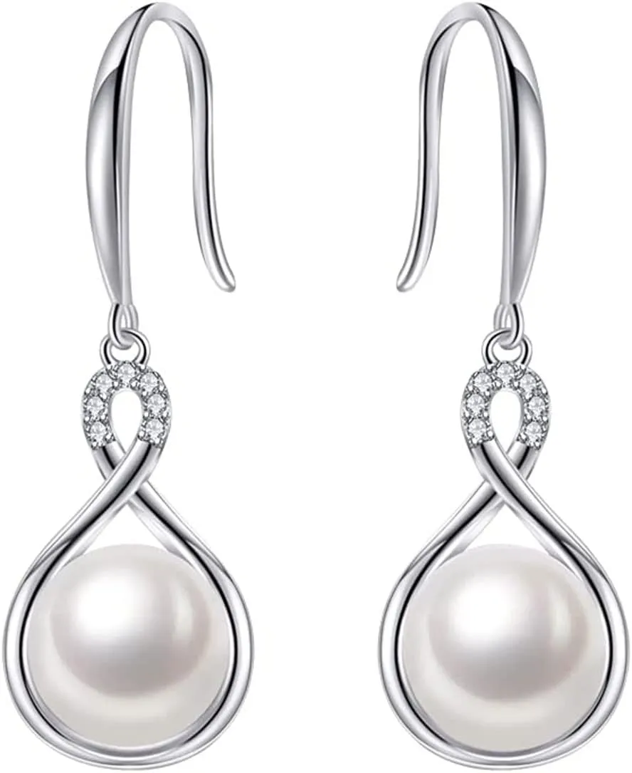Immobird Sterling Silver Dangle Earrings for Women Freshwater Pearl Earrings Dainty Moonstone Opal Earrings Dangling Infinity Earrings for Wedding