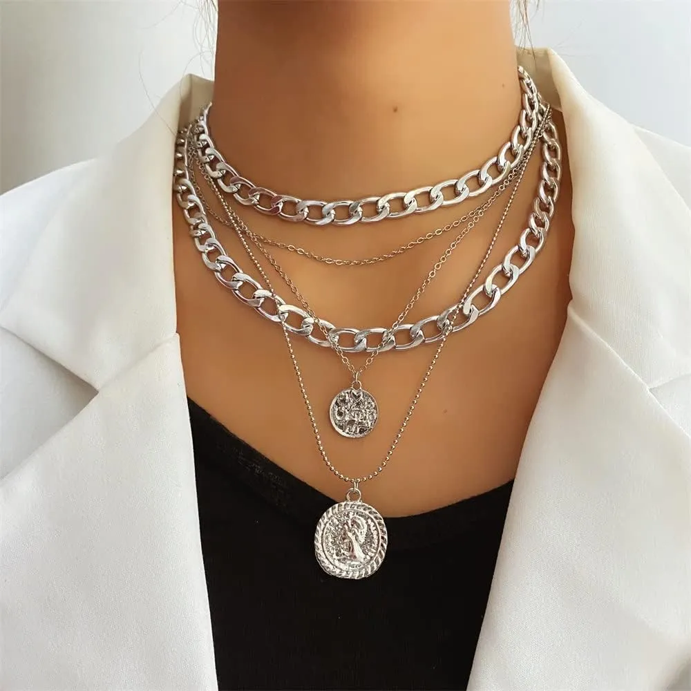 INENIMARTJ Silver Chunky Necklace for Women, Layered Chunky Link Chain Choker Necklaces, Multilayer Punk 80s 90s Jewelry for Women Trendy Retro Coin Pendant Necklace (H Coin S)
