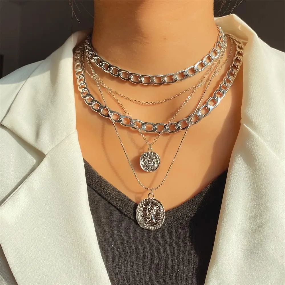 INENIMARTJ Silver Chunky Necklace for Women, Layered Chunky Link Chain Choker Necklaces, Multilayer Punk 80s 90s Jewelry for Women Trendy Retro Coin Pendant Necklace (H Coin S)