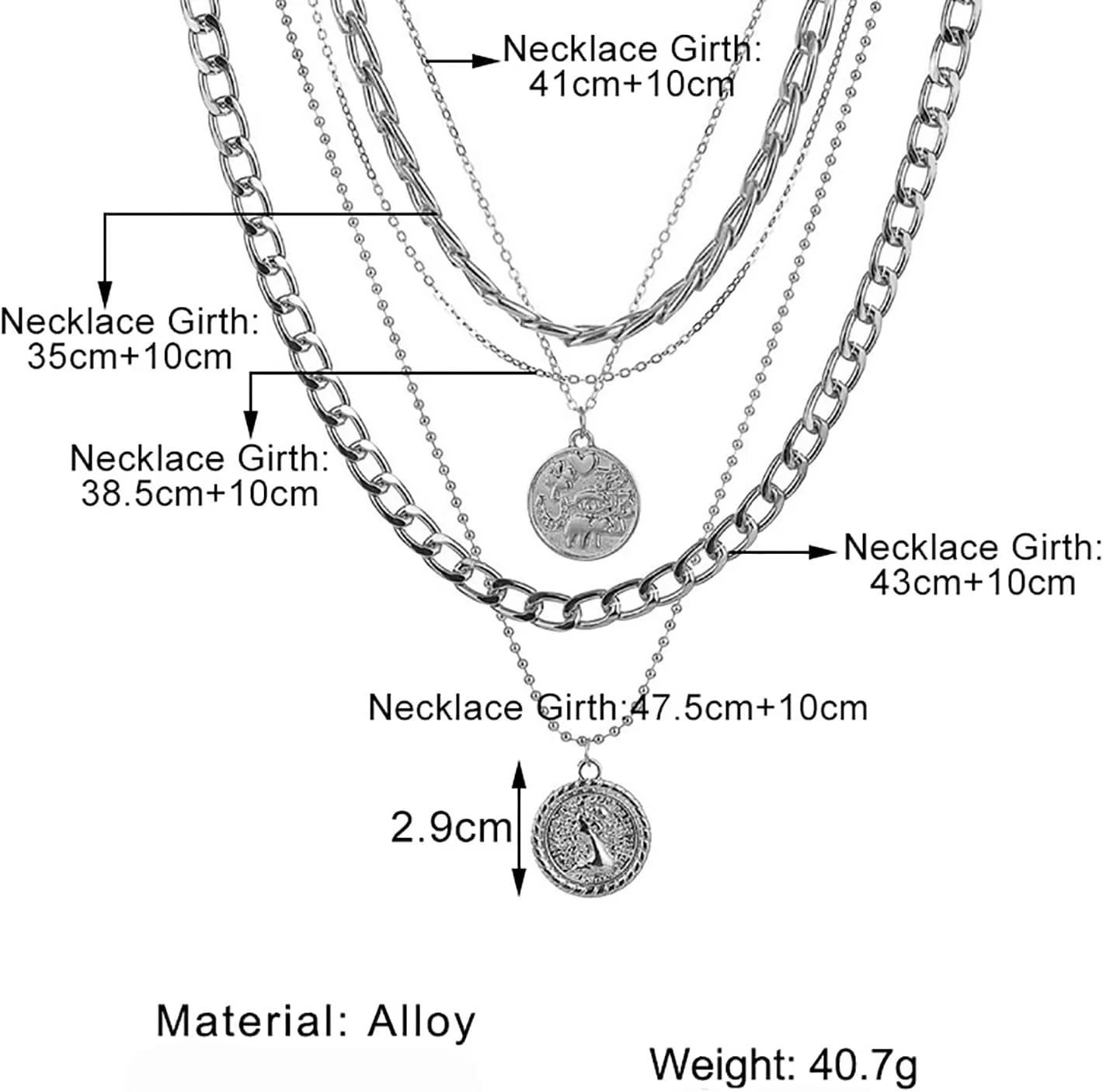 INENIMARTJ Silver Chunky Necklace for Women, Layered Chunky Link Chain Choker Necklaces, Multilayer Punk 80s 90s Jewelry for Women Trendy Retro Coin Pendant Necklace (H Coin S)