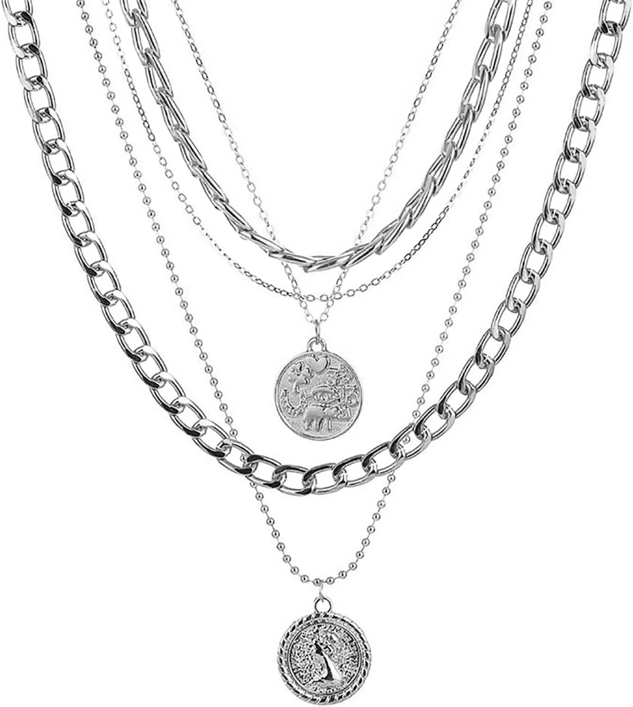 INENIMARTJ Silver Chunky Necklace for Women, Layered Chunky Link Chain Choker Necklaces, Multilayer Punk 80s 90s Jewelry for Women Trendy Retro Coin Pendant Necklace (H Coin S)