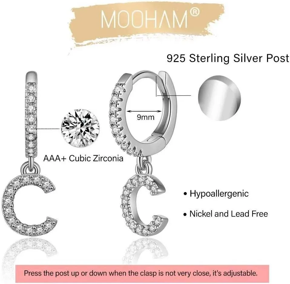Initial Earrings for Women, 925 Sterling Silver Post Hypoallergenic Small Huggie Hoop Earrings Gold Plated Cubic Zirconia Initial Earrings Jewelry