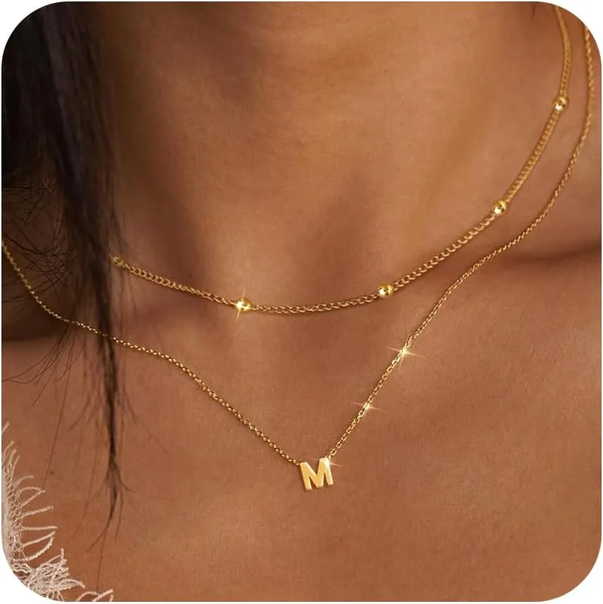 Initial Necklaces for Women 14K Gold Silver Plated Letter Jewelry Non Tarnish Layered Dainty Cute A-Z Pendant Choker Necklace Waterproof Trendy Name Necklace Personalized Jewelry Gift for Women