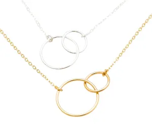 Interlocking Circle Necklace, Double Circle Pendant Necklace, 2 Entwined Ring Necklace, Minimalist Gift for Her, Couple, Sister Necklace (Customize Length and Other Options)