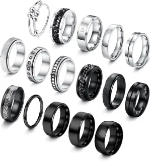 IRONBOX 16Pcs Stainless Steel Band Rings for Men & Women - Fidget Spinner Chain Rings for Anxiety, Weddings & Promises