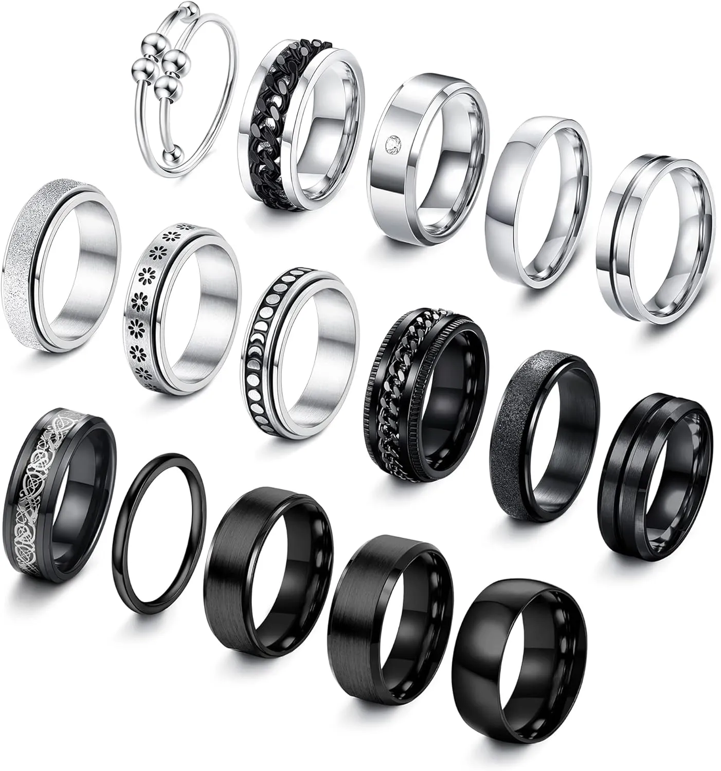 IRONBOX 16Pcs Stainless Steel Band Rings for Men & Women - Fidget Spinner Chain Rings for Anxiety, Weddings & Promises