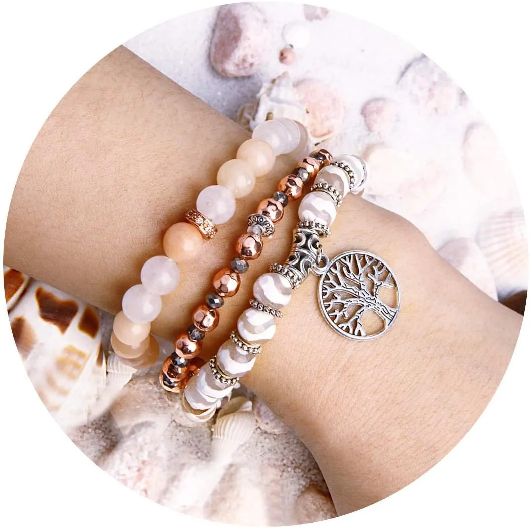 Jardme Beaded Bracelets for Women, Healing Stone Crystal Bracelets Tree of Life Bracelet Yoga Stretch Chakra Bracelet Set Jewelry Gifts