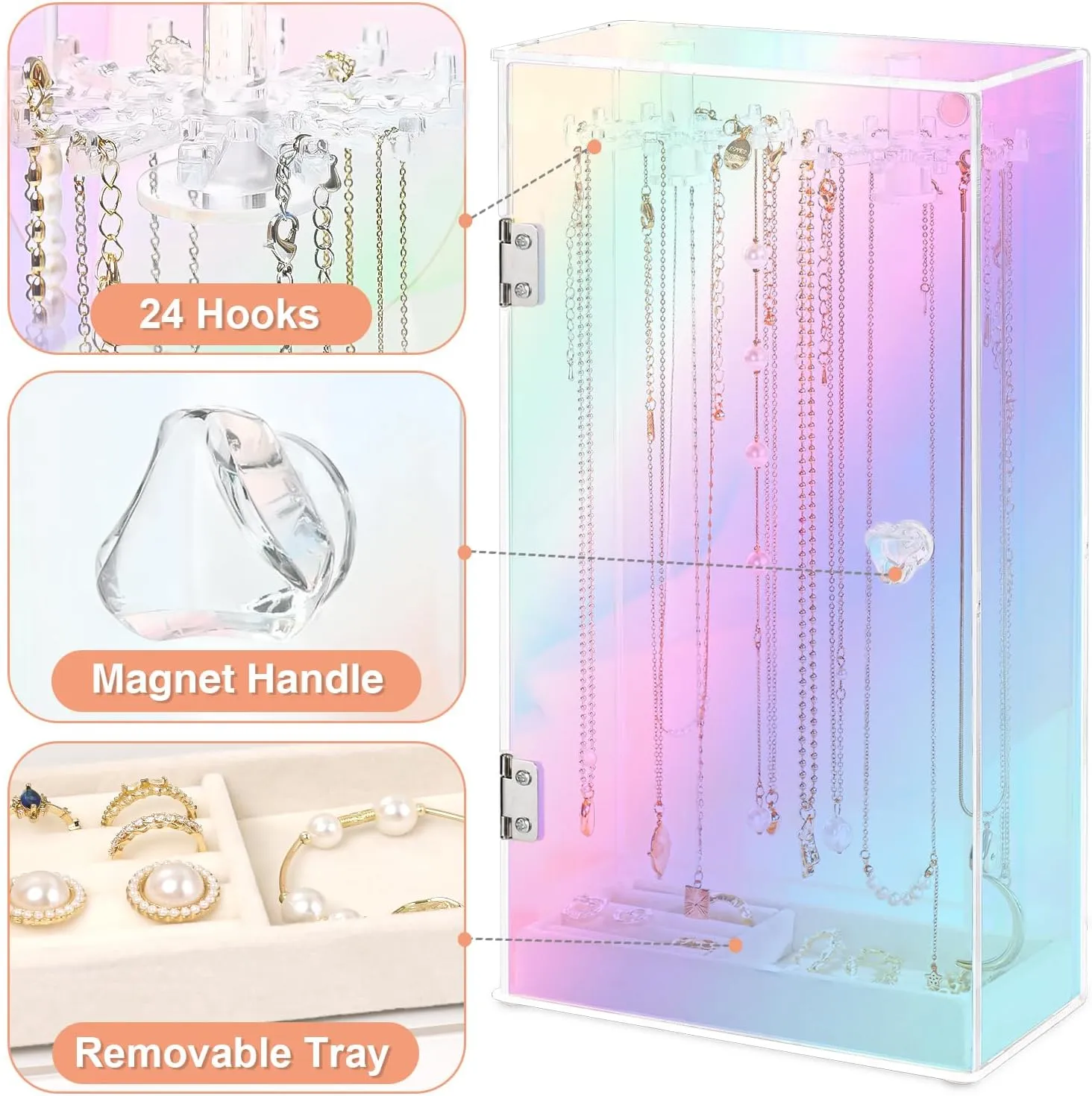 Jenseits Iridescent Necklace Organizer, Acrylic Necklace Holder w/Velvet Tray, Dustproof Rotation Jewelry Holder Organizer Display Stand Box Hanger, Necklaces Ring Bracelet Case, Gift for Women, Girl