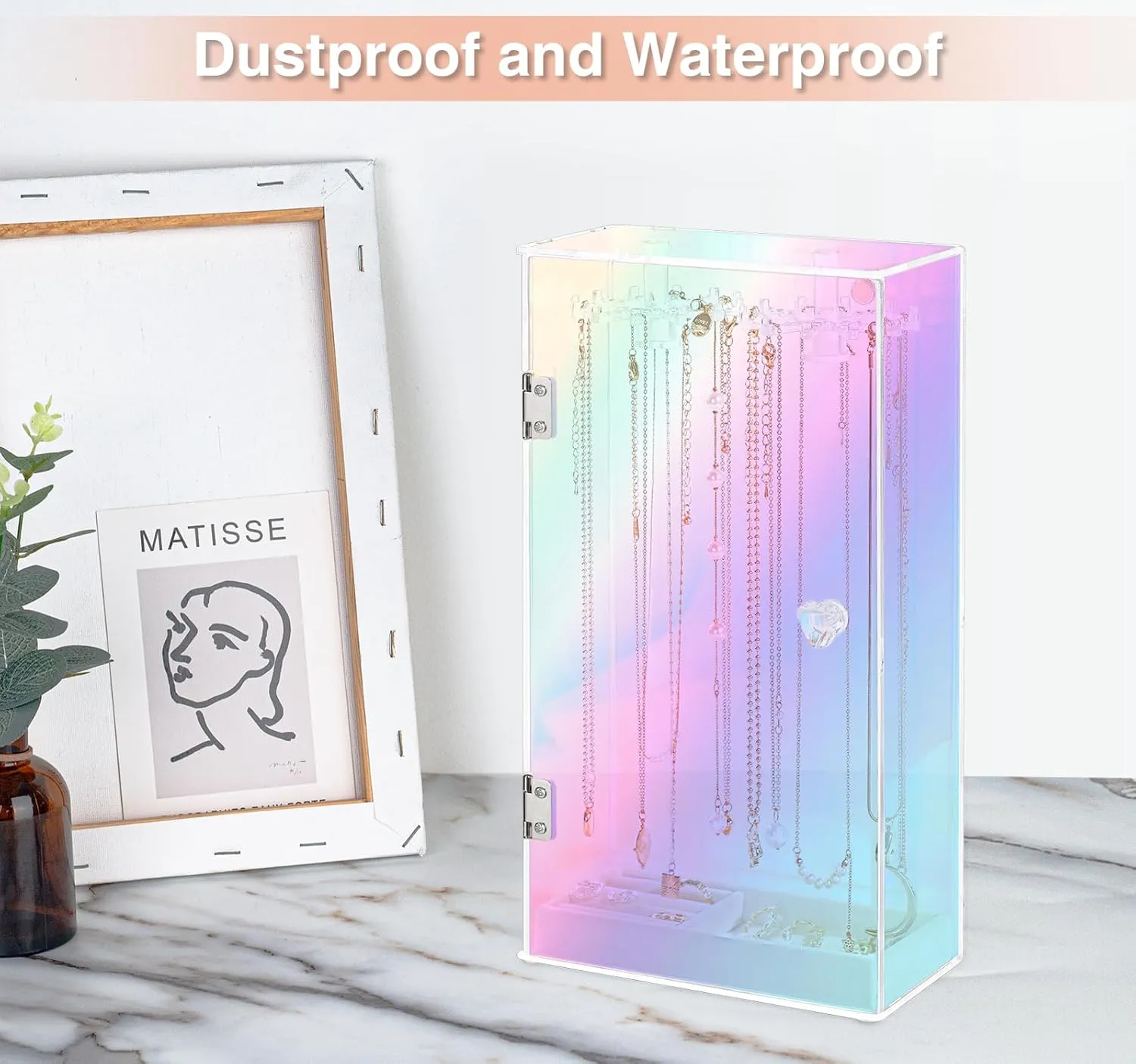 Jenseits Iridescent Necklace Organizer, Acrylic Necklace Holder w/Velvet Tray, Dustproof Rotation Jewelry Holder Organizer Display Stand Box Hanger, Necklaces Ring Bracelet Case, Gift for Women, Girl