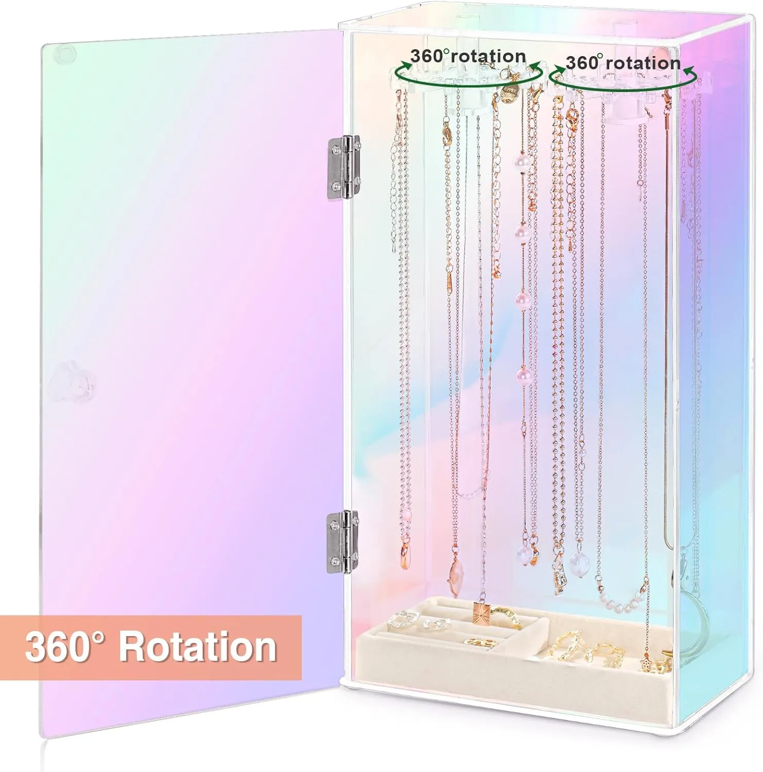 Jenseits Iridescent Necklace Organizer, Acrylic Necklace Holder w/Velvet Tray, Dustproof Rotation Jewelry Holder Organizer Display Stand Box Hanger, Necklaces Ring Bracelet Case, Gift for Women, Girl