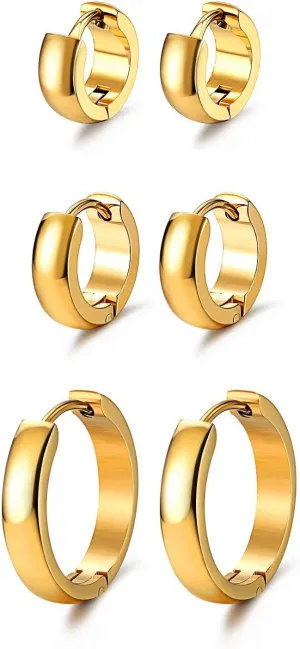 JewelrieShop Hoop Earrings Set Gold Surgical huggie Earrings, Hypoallergenic Huggie Ear Piercings Endless Huggie Hoop Earrings for Men Earrings (Gold, Black, Stainless Steel Hoop Earrings)