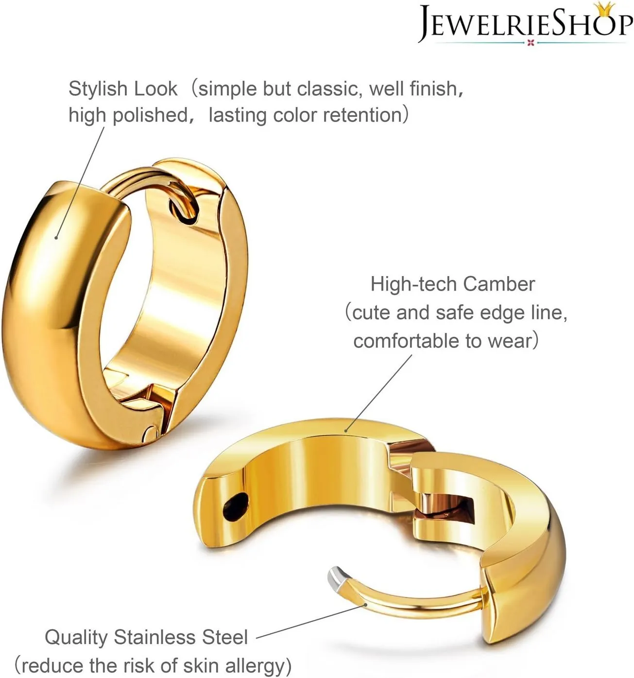 JewelrieShop Hoop Earrings Set Gold Surgical huggie Earrings, Hypoallergenic Huggie Ear Piercings Endless Huggie Hoop Earrings for Men Earrings (Gold, Black, Stainless Steel Hoop Earrings)