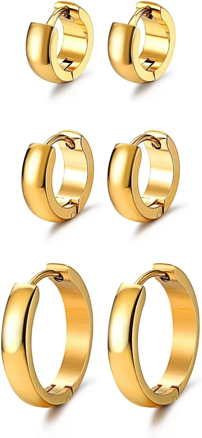JewelrieShop Hoop Earrings Set Gold Surgical huggie Earrings, Hypoallergenic Huggie Ear Piercings Endless Huggie Hoop Earrings for Men Earrings (Gold, Black, Stainless Steel Hoop Earrings)