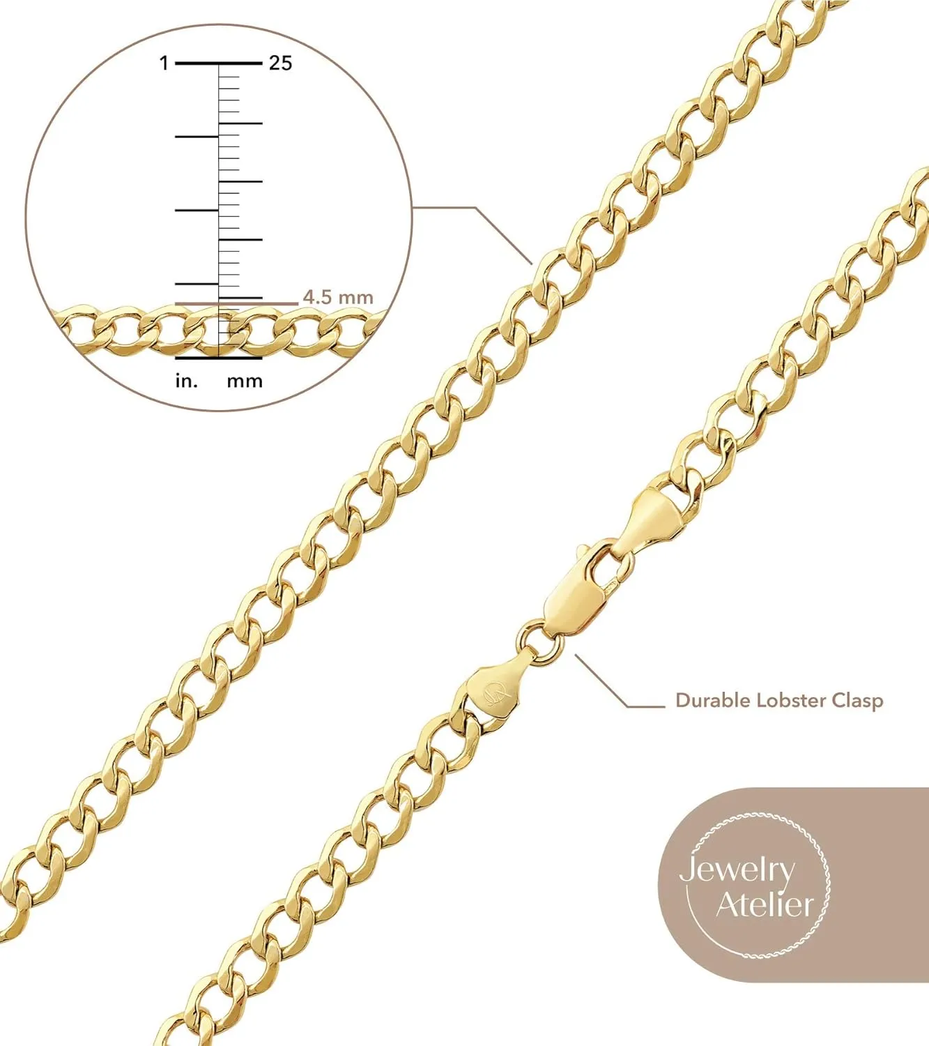 Jewelry Atelier Gold Chain Necklace Collection - 14K Solid Yellow Gold Filled Miami Cuban Curb Link Chain Necklaces for Women and Men with Different Sizes (2.7mm, 3.6mm, 4.5mm, or 5.5mm)