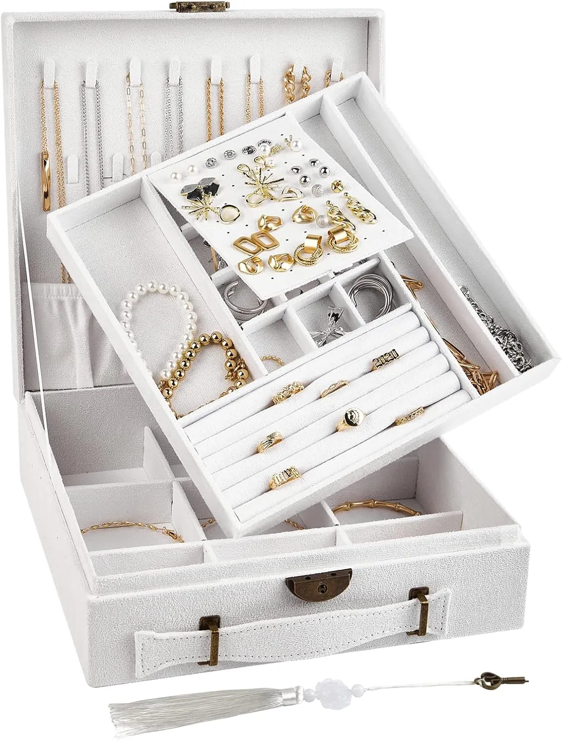 Jewelry box, 2 Layers, Jewelry Storage and Display Box, Large Capacity Double Row Necklace Storage,with Handle, with Lock,Gift for Your Loved Ones, Snow White