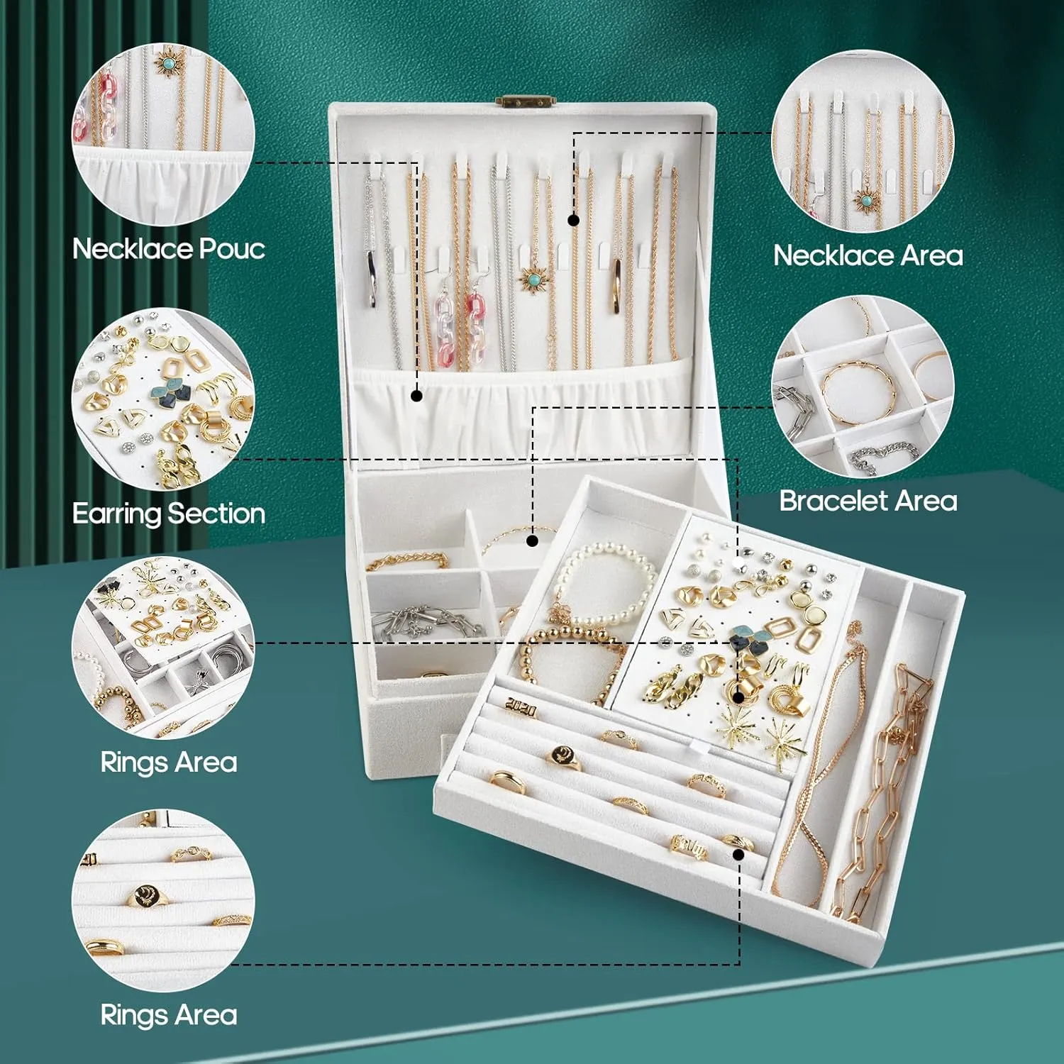 Jewelry box, 2 Layers, Jewelry Storage and Display Box, Large Capacity Double Row Necklace Storage,with Handle, with Lock,Gift for Your Loved Ones, Snow White