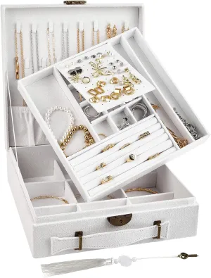 Jewelry box, 2 Layers, Jewelry Storage and Display Box, Large Capacity Double Row Necklace Storage,with Handle, with Lock,Gift for Your Loved Ones, Snow White