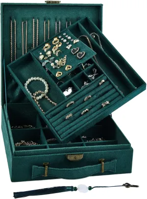 Jewelry box, 2 Layers, Jewelry Storage and Display Box, Large Capacity Double Row Necklace Storage,with Handle, with Lock,Gift for Your Loved Ones, Vintage Green