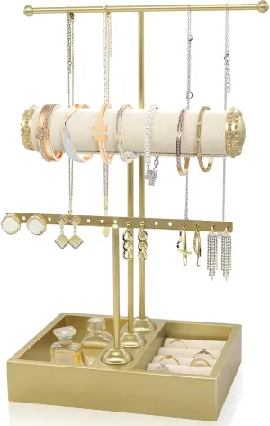 Jewelry Organizer Stand Necklace Holder,3-Tier Earring Holder Organizer Display Gold Jewelry Towers Organizer Holder for Earrings Necklaces Bracelets Watches and Rings,Gold
