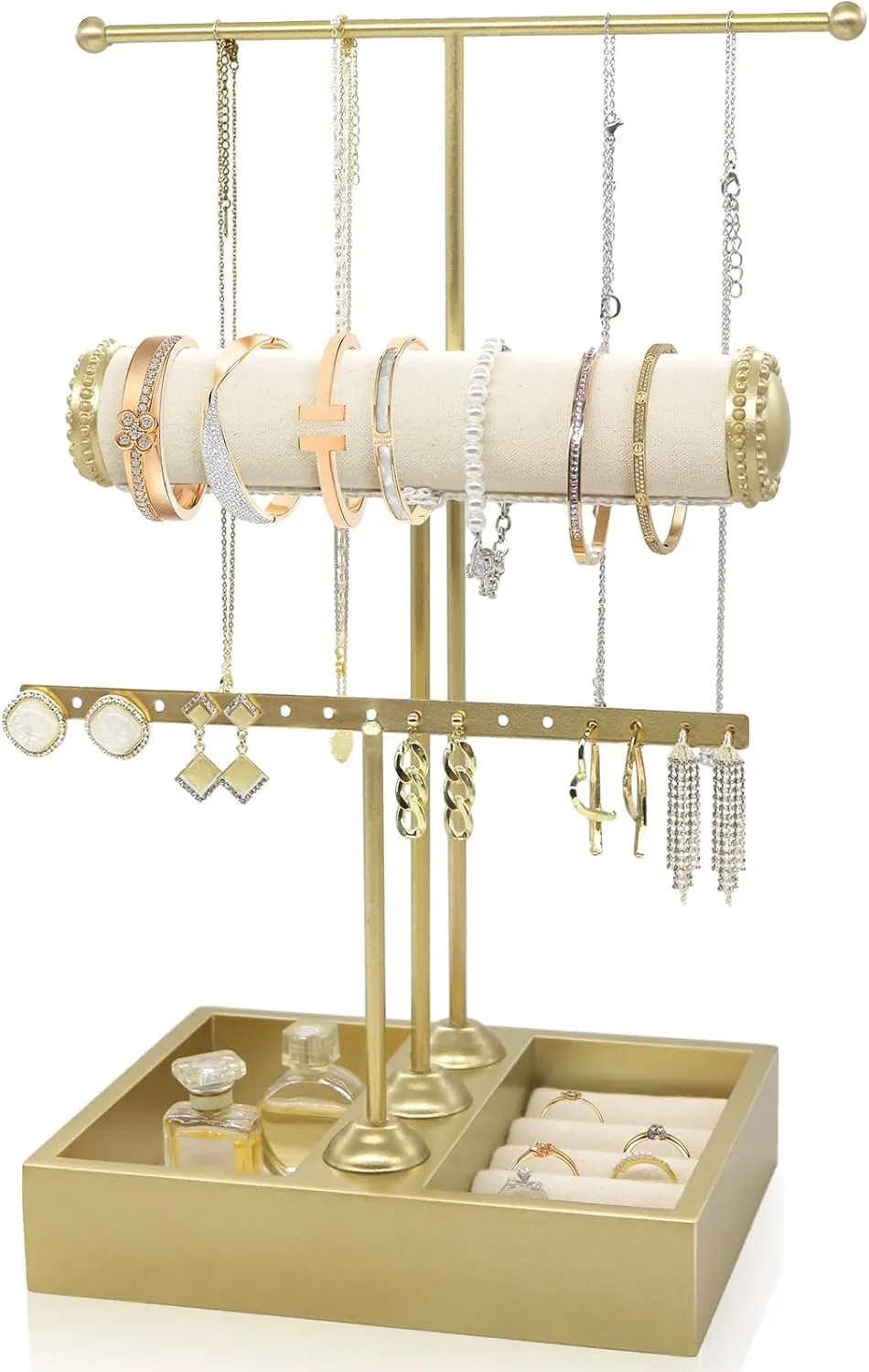 Jewelry Organizer Stand Necklace Holder,3-Tier Earring Holder Organizer Display Gold Jewelry Towers Organizer Holder for Earrings Necklaces Bracelets Watches and Rings,Gold