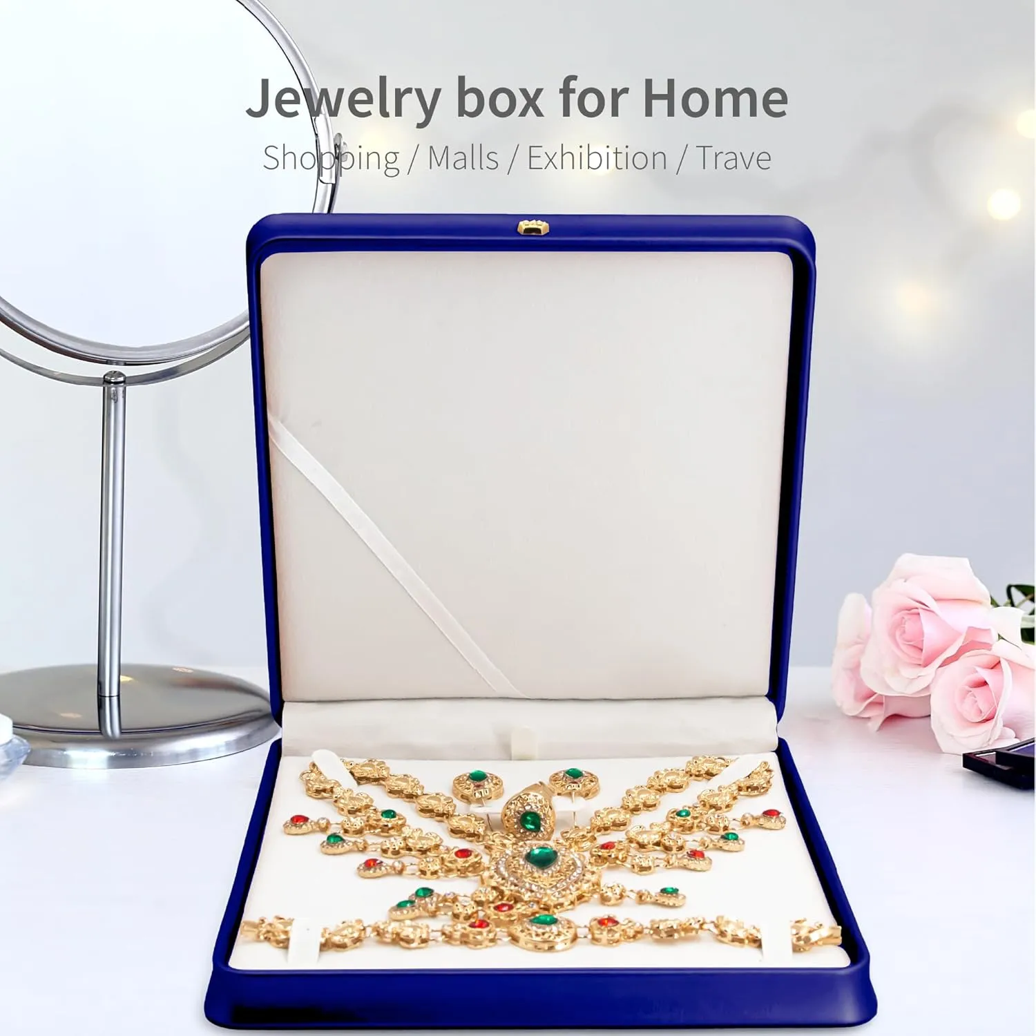 Jewelry Set Box PU Leather Necklace Boxes for Jewelry Gift Ring,Pendant,Earring,Bracelet Jewellery Display Case for Home, Exhibition,Travel (Dark Blue, Jewelry Set Box)