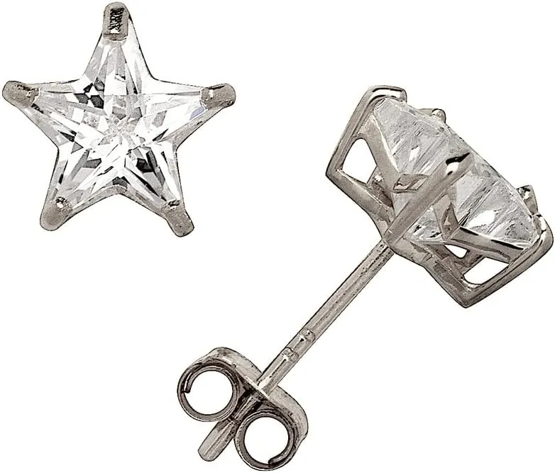 Jewelryweb - Solid 14k White Gold Star-shaped Cubic Zirconia Stud Earrings -4mm 5mm 6mm - Gold Star Earrings for Women - Cubic Zirconia Star Earrings Stud