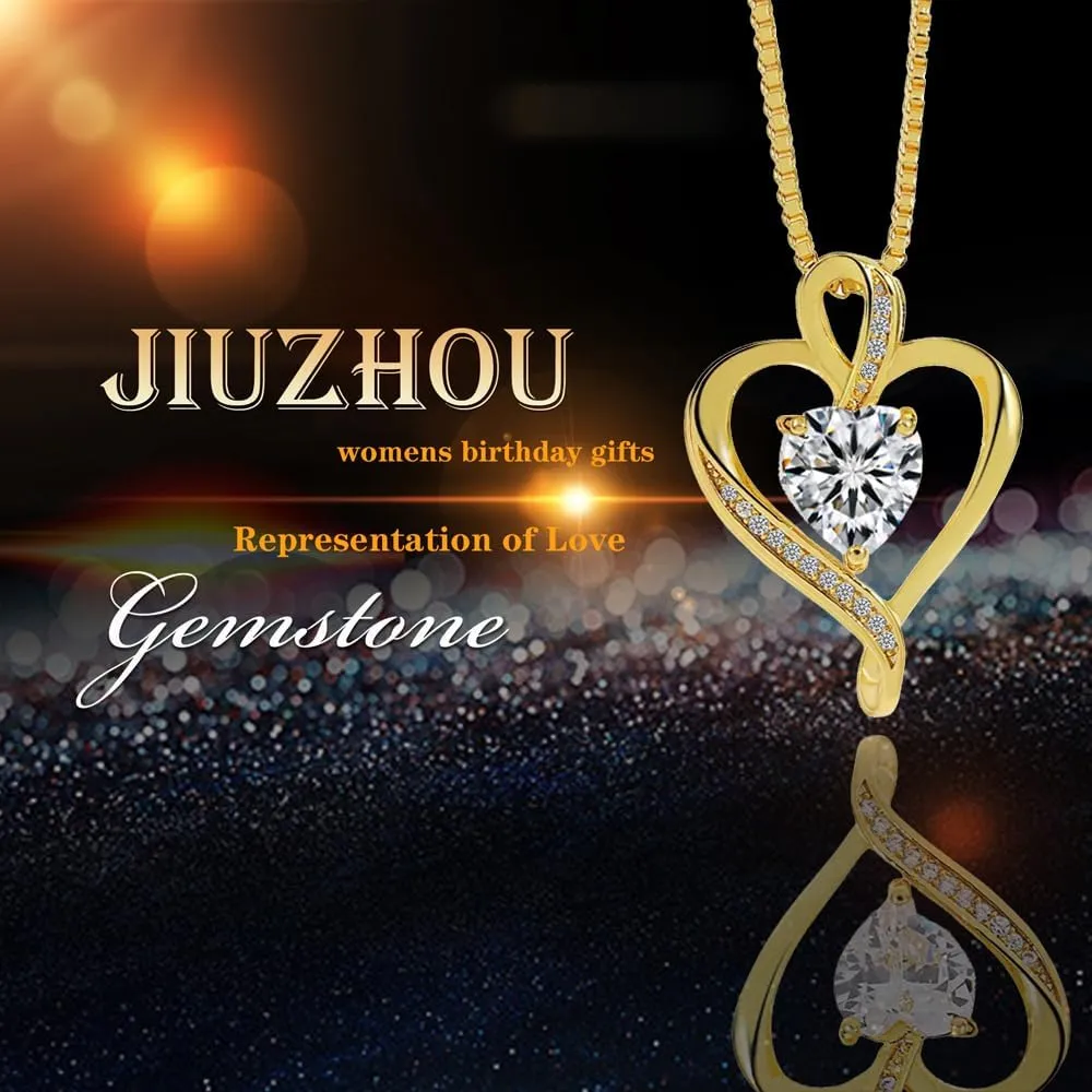JiuZhou Gold Necklace for Women | 14K Gold Plated Love Pendant with 5A Zircon | Dainty Women's Jewelry Gift, Long-Lasting Color Fastness