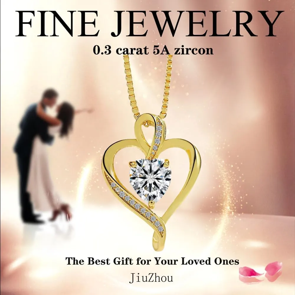 JiuZhou Gold Necklace for Women | 14K Gold Plated Love Pendant with 5A Zircon | Dainty Women's Jewelry Gift, Long-Lasting Color Fastness