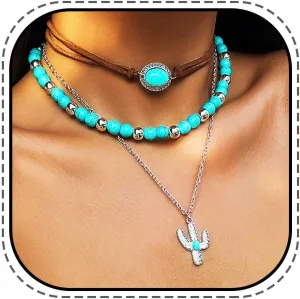 JONKY Layered Beaded Turquoise Necklace Silver Vintage Choker Necklace for Women