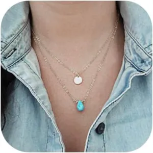 Jovono Blue Turquoise Necklaces Multilayerd Sequin Pendant Necklace Chain Jewelry for Women