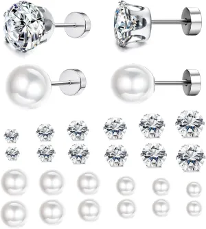 Jstyle 12Pairs Stainless Steel Round Clear Cubic Zirconia Pearl Stud Earring for Women CZ Earrings 3-8MM