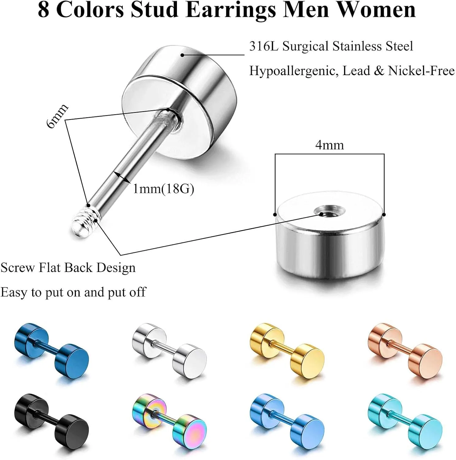 Jstyle 8 Pairs Dot Stud Earrings for Men Women Surgical Steel Screw Flat Back Earrings Multicolor Faux Gauges Ear Plug Tunnel Disc Mens Stud Earrings Piercing Set 4mm/6mm/8mm