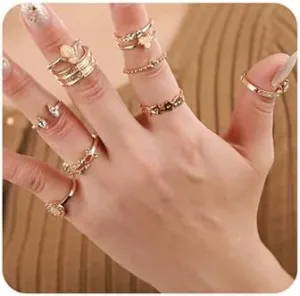 Jumwrit Boho Knuckle Rings for Women 15pcs Stackable Rings Set Vintage Joint Finger Rings Golden Open Rhinestone Teardrop Ring