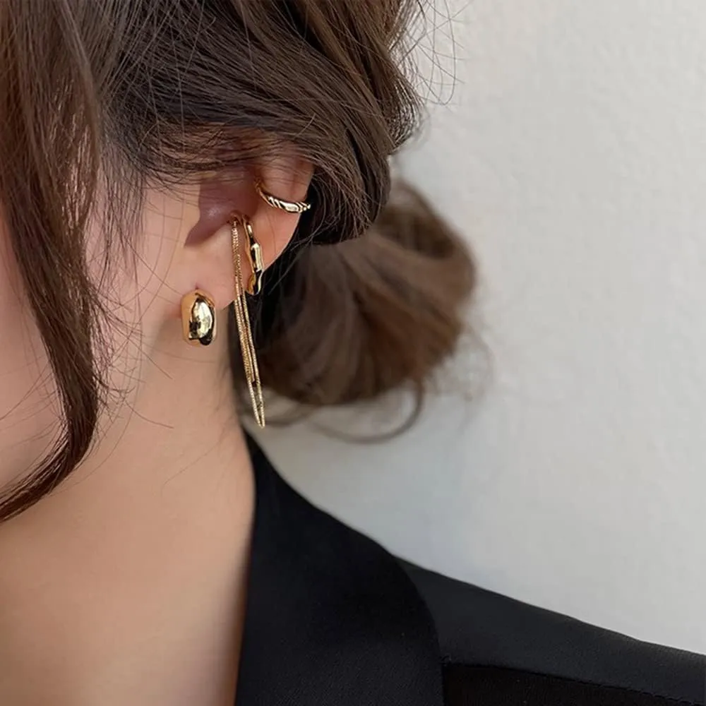 Jumwrit Gold Open Hoop Stud Earrings Geometric Half Circle Earrings Dainty C Shape Earrings Cartilage Ear Cuff Earrings Boho Tiny Box Chain Tassel Dangle Earrings 4pcs Earrings Set for Women Girls
