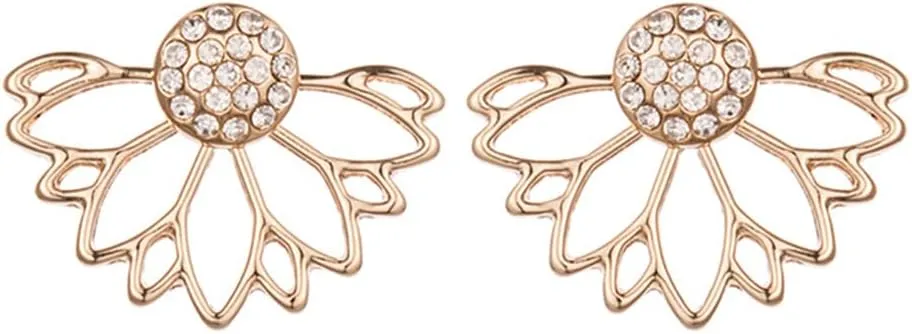 Jumwrit Lotus Flower Ear Jacket Earrings Hollow Lotus Rhinestone Stud Earrings Front Back Ear CuffsGold
