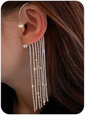 Jumwrit Rhinestone Tassel Earrings Ear Cuff Wrap Crawler Earrings Long Dangle Chain Earrings Non Piercing Ear Cuffs for WomenSilver
