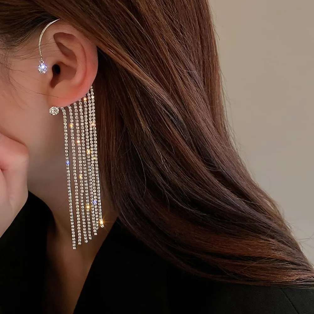 Jumwrit Rhinestone Tassel Earrings Ear Cuff Wrap Crawler Earrings Long Dangle Chain Earrings Non Piercing Ear Cuffs for WomenSilver