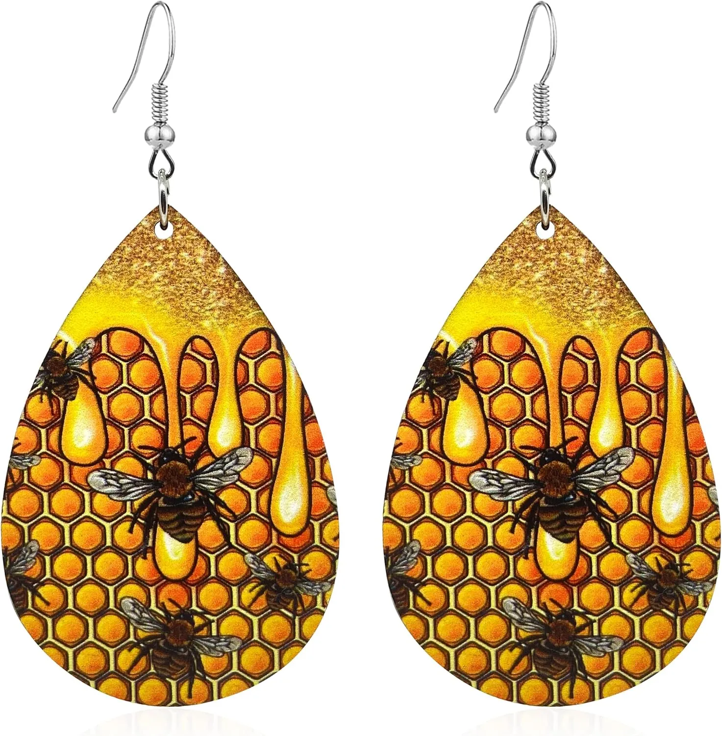 KaFu Sunflower Earrings for Women Girls Bohemian Wood Earrings Bee Earring Art Earrings Teardrop Wood Dangle Drop Earrings Jewelry Gift