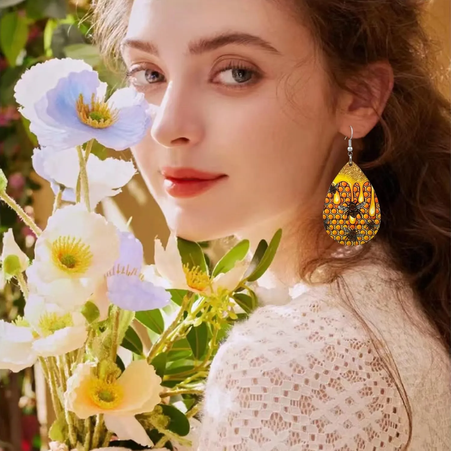 KaFu Sunflower Earrings for Women Girls Bohemian Wood Earrings Bee Earring Art Earrings Teardrop Wood Dangle Drop Earrings Jewelry Gift