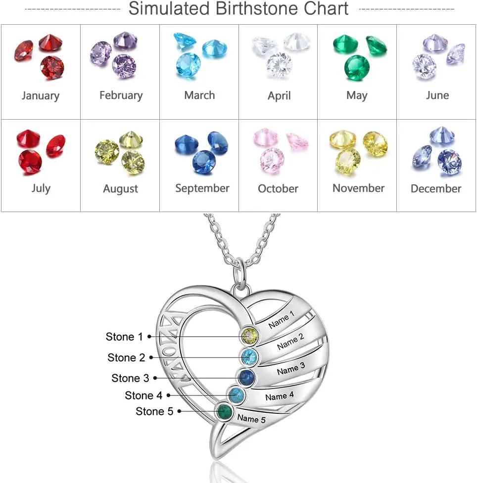 kaululu Gifts for Mom Mothers Necklace with Birthstones Love Heart Necklace for Women Custom Name Necklaces Personalized Necklace for Mother Wife Grandma Mother's Day Gift