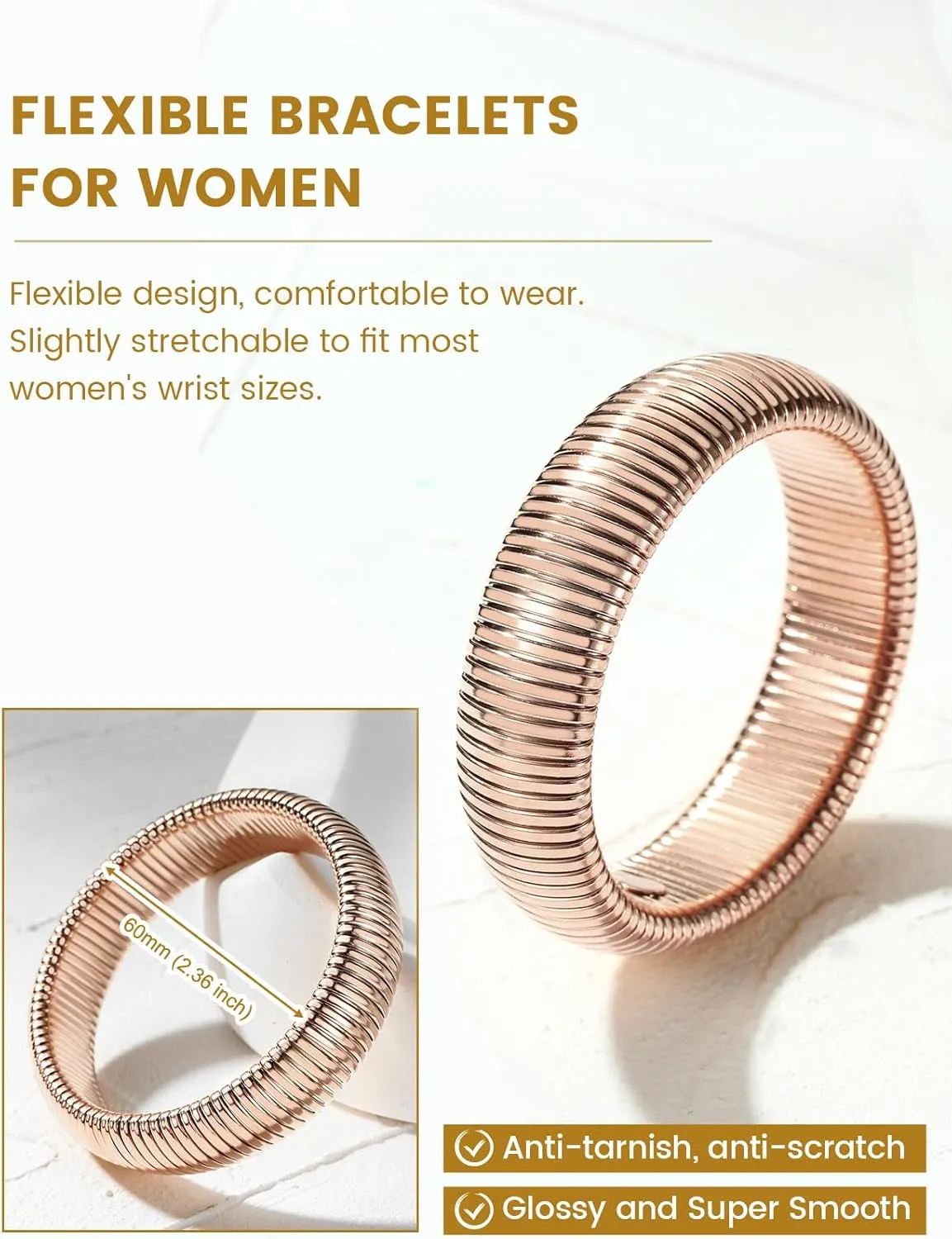 KeyStyle Bangle Bracelets for Women, Stainless Steel Stretch Bracelet Flexible Wide Link Chain Gold Wristband GoldChic Twisted Jewelry, 10mm, 16mm, 20mm