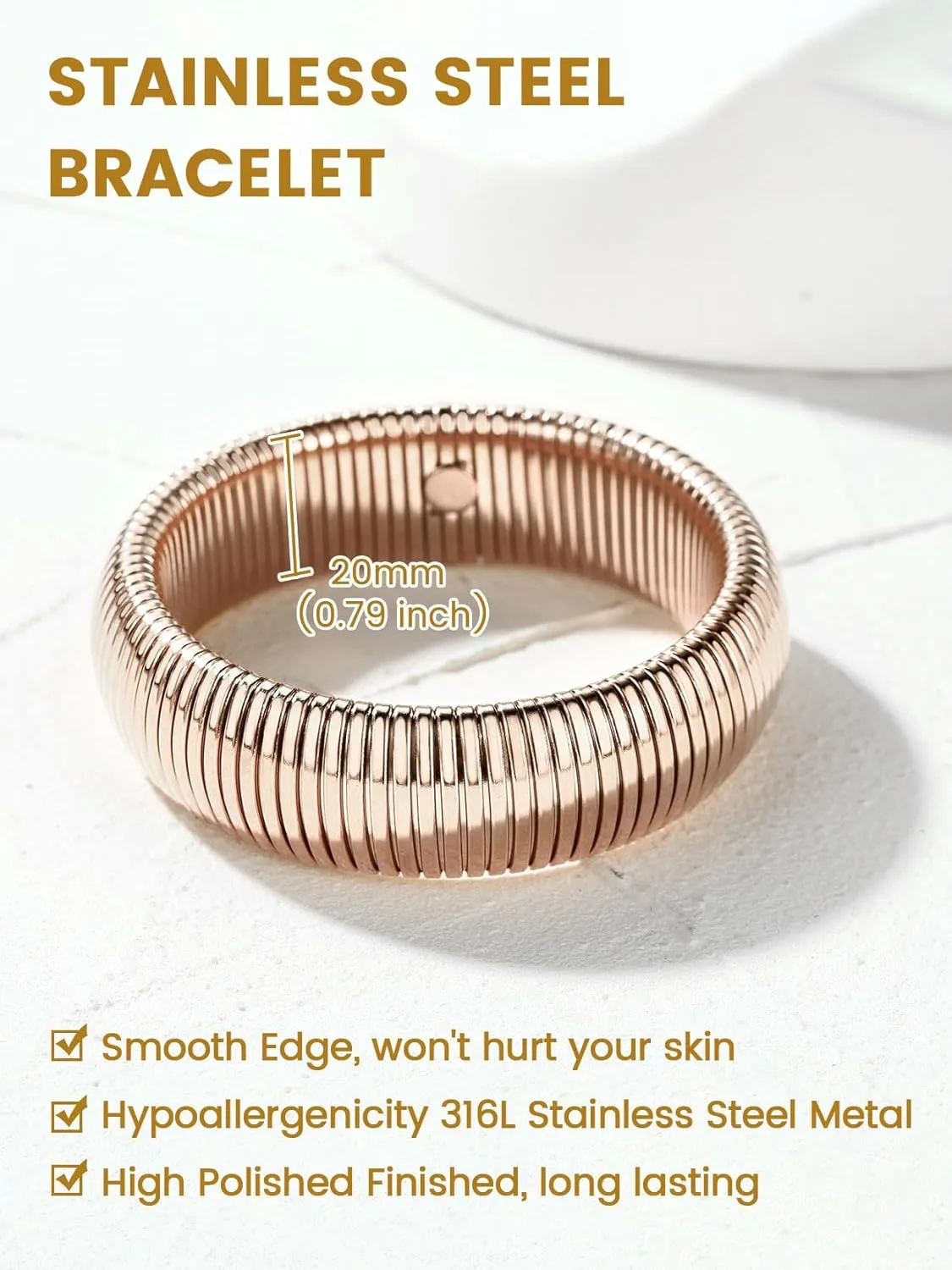 KeyStyle Bangle Bracelets for Women, Stainless Steel Stretch Bracelet Flexible Wide Link Chain Gold Wristband GoldChic Twisted Jewelry, 10mm, 16mm, 20mm